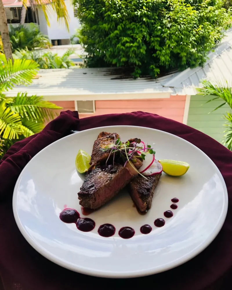 Grilled steak plated with red wine reduction