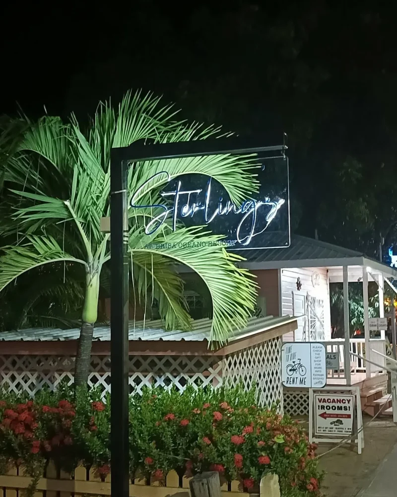 Sterling's sign lit up at night